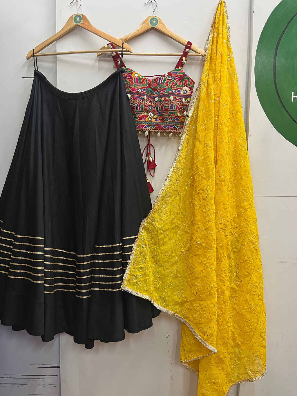BLACK AND YELLOW VINTAGE CHANIYA CHOLI HANDMADEAHOLIC BY MISHKA