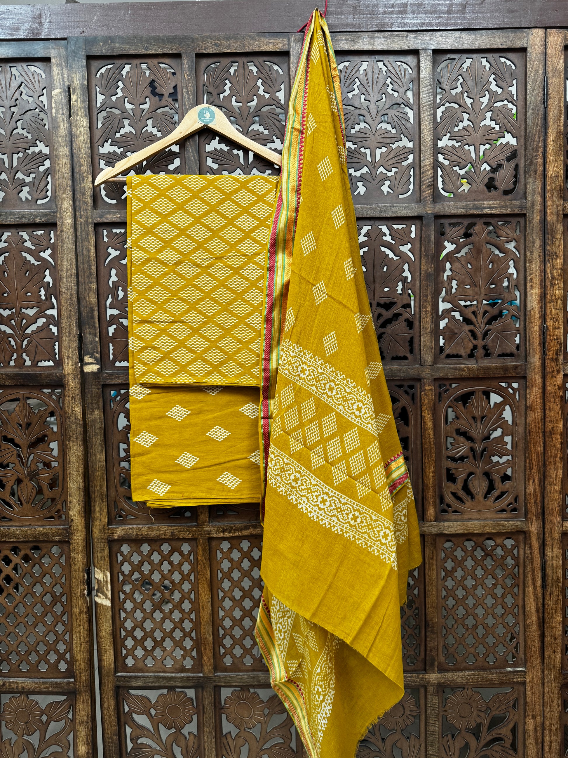 Mustard Gold Hand-Block Ajrakh Cotton Unstitched Suit Set (3-Piece)