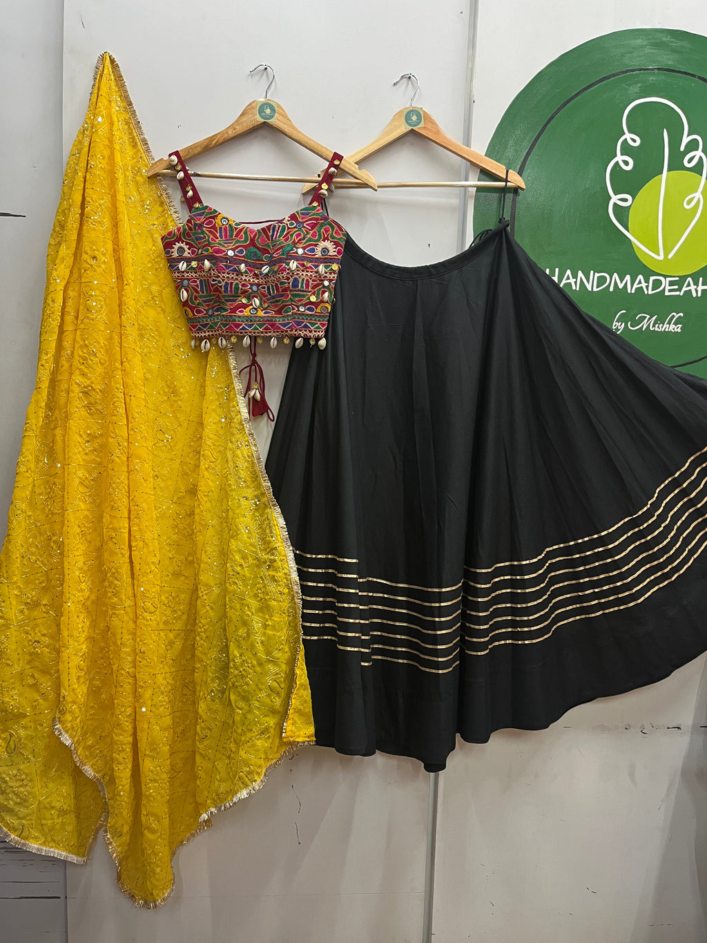BLACK AND YELLOW VINTAGE CHANIYA CHOLI HANDMADEAHOLIC BY MISHKA