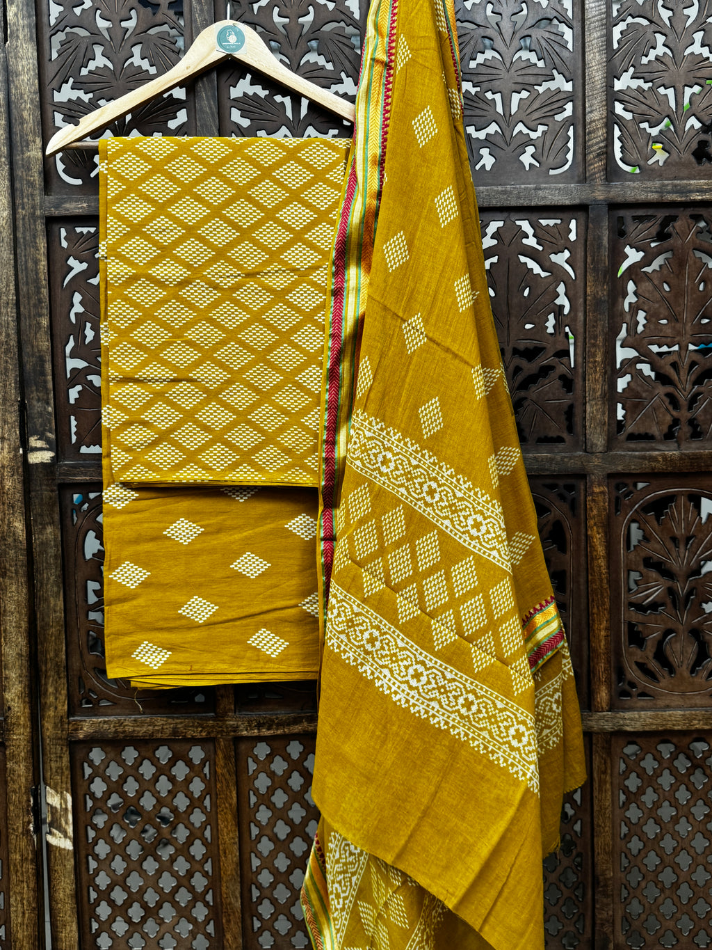 Mustard Gold Hand-Block Ajrakh Cotton Unstitched Suit Set (3-Piece)