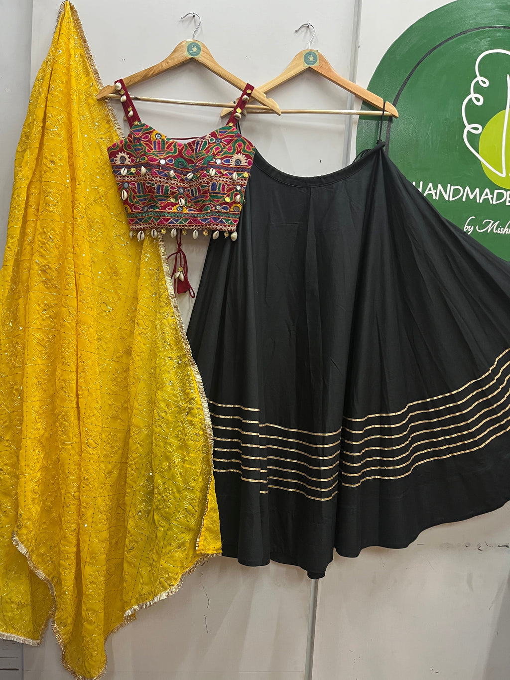 BLACK AND YELLOW VINTAGE CHANIYA CHOLI HANDMADEAHOLIC BY MISHKA