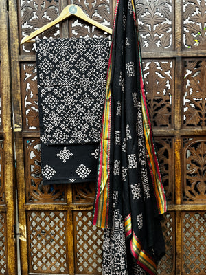 Midnight Onyx Hand-Block Ajrakh Cotton Unstitched 3-Piece Suit Set