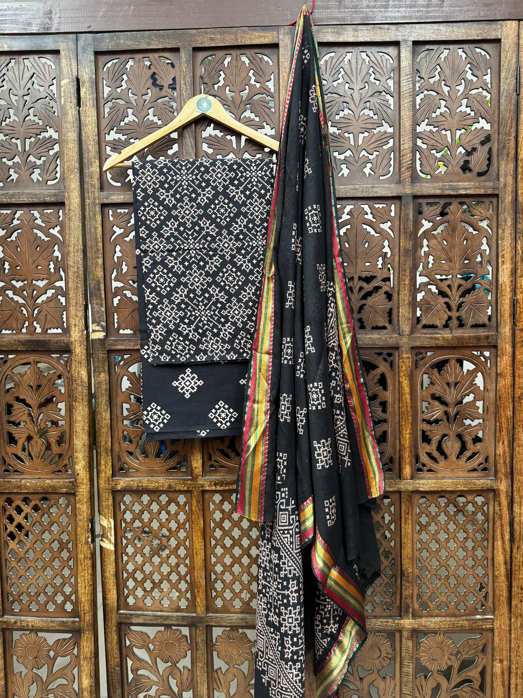 Midnight Onyx Hand-Block Ajrakh Cotton Unstitched 3-Piece Suit Set