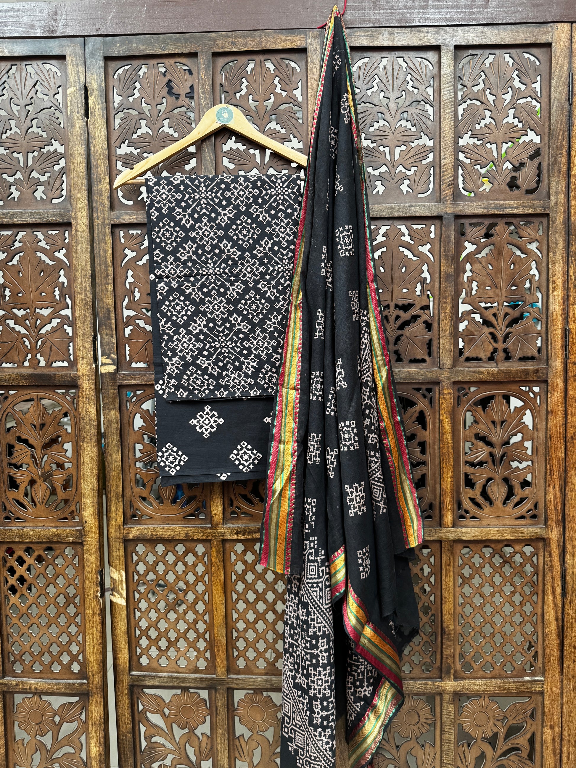 Midnight Onyx Hand-Block Ajrakh Cotton Unstitched 3-Piece Suit Set