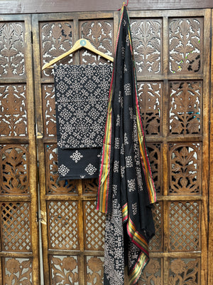 Midnight Onyx Hand-Block Ajrakh Cotton Unstitched 3-Piece Suit Set