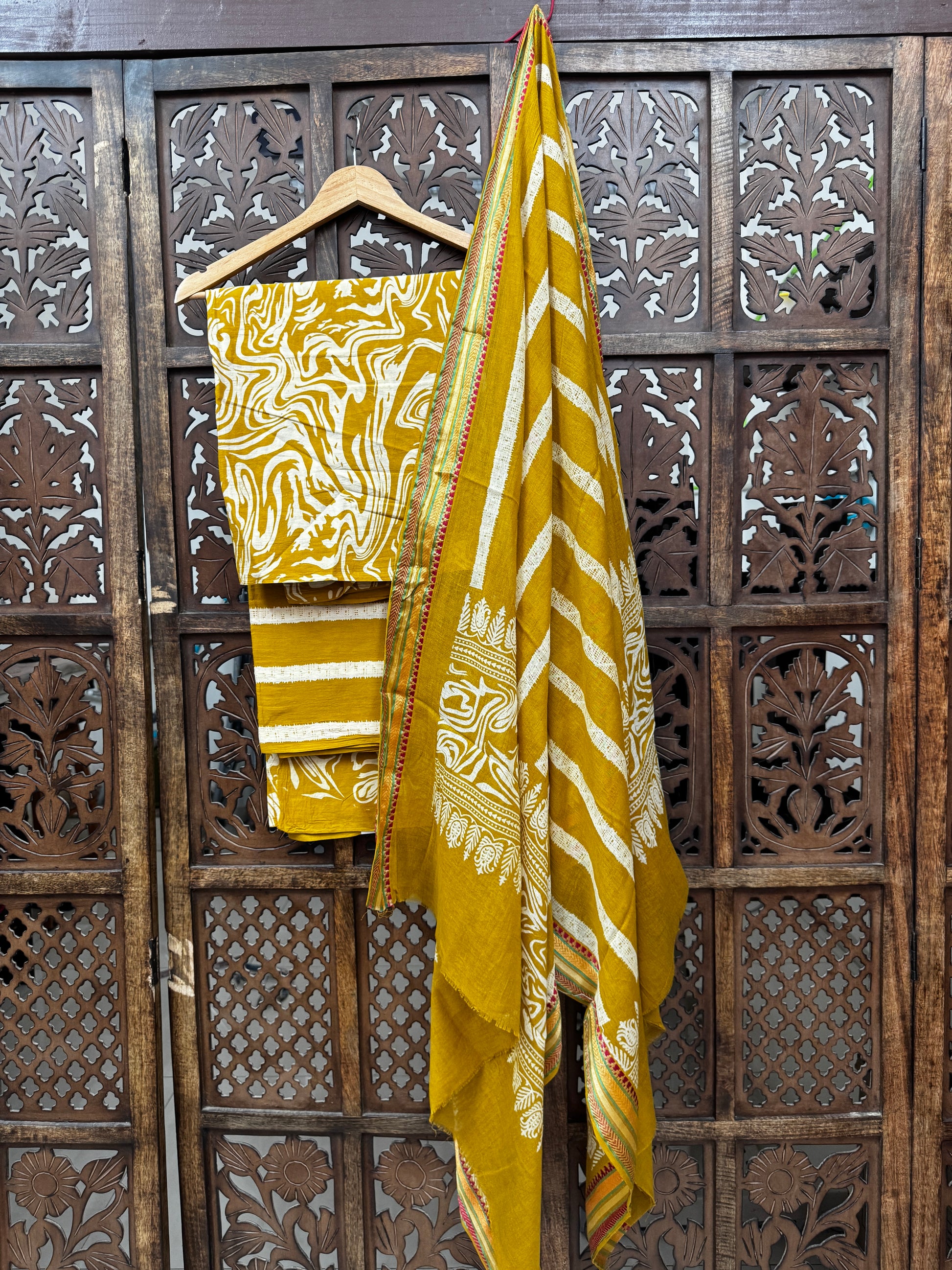 Ochre & Ivory Marble-Mist Hand-Block Ajrakh Cotton Unstitched Suit Set