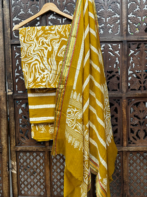 Ochre & Ivory Marble-Mist Hand-Block Ajrakh Cotton Unstitched Suit Set