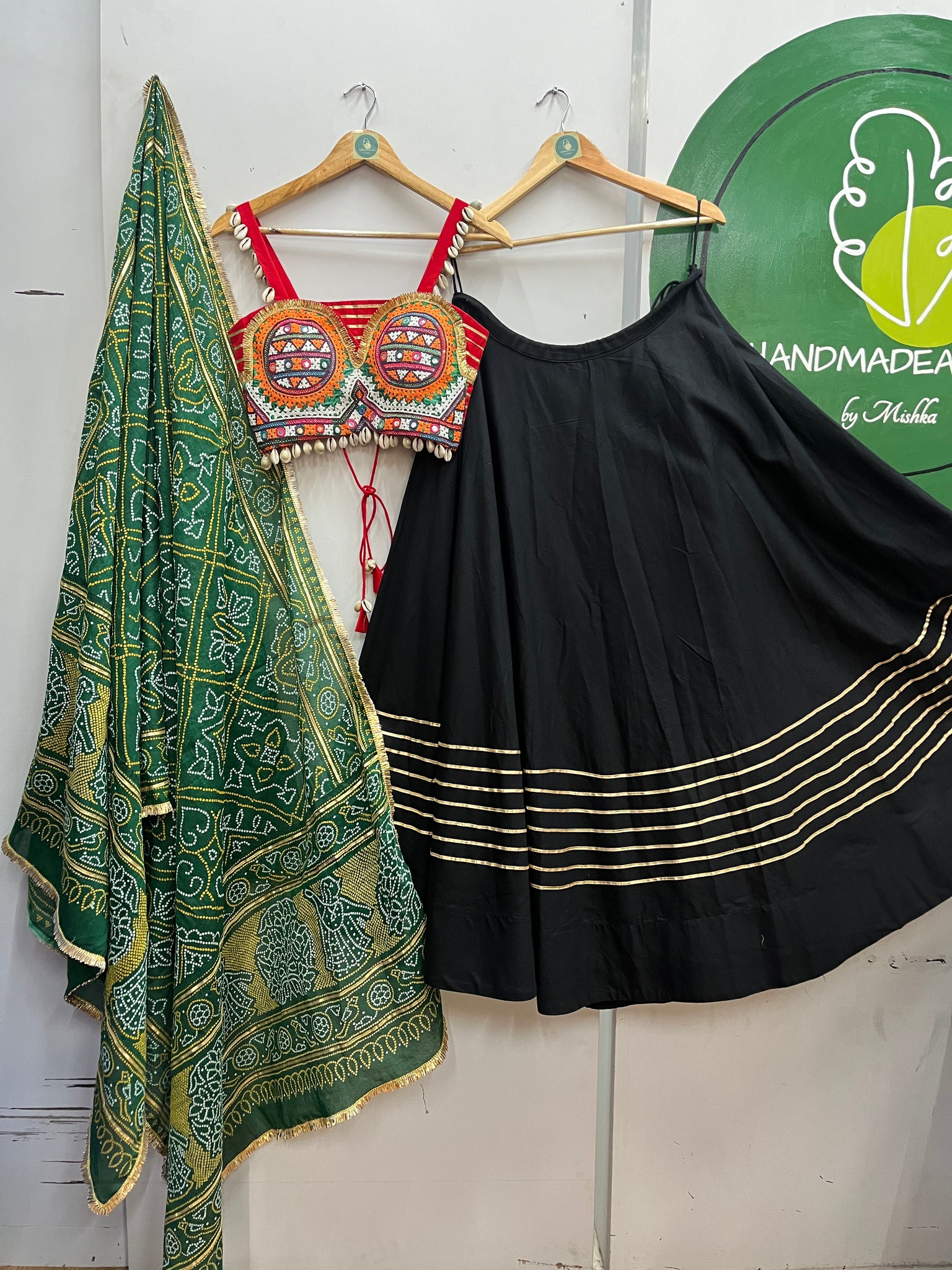 BLACK AND RED, GREEN BANDHANI CHANIYA CHOLI HANDMADEAHOLIC BY MISHKA