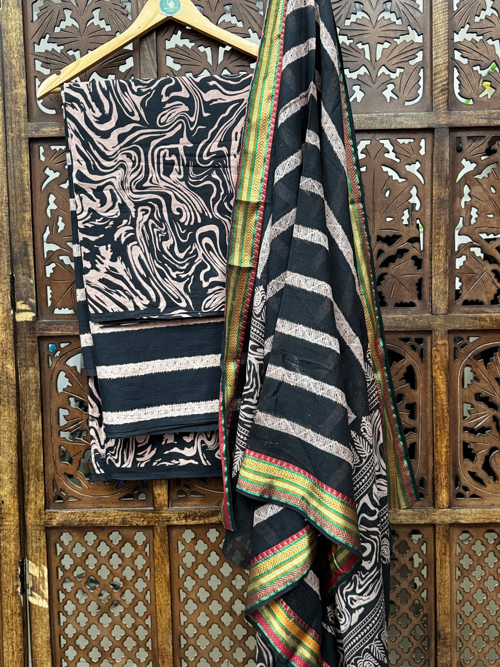 Charcoal & Blush Marble-Wave Hand-Block Ajrakh Cotton Unstitched 3-Piece Suit Set