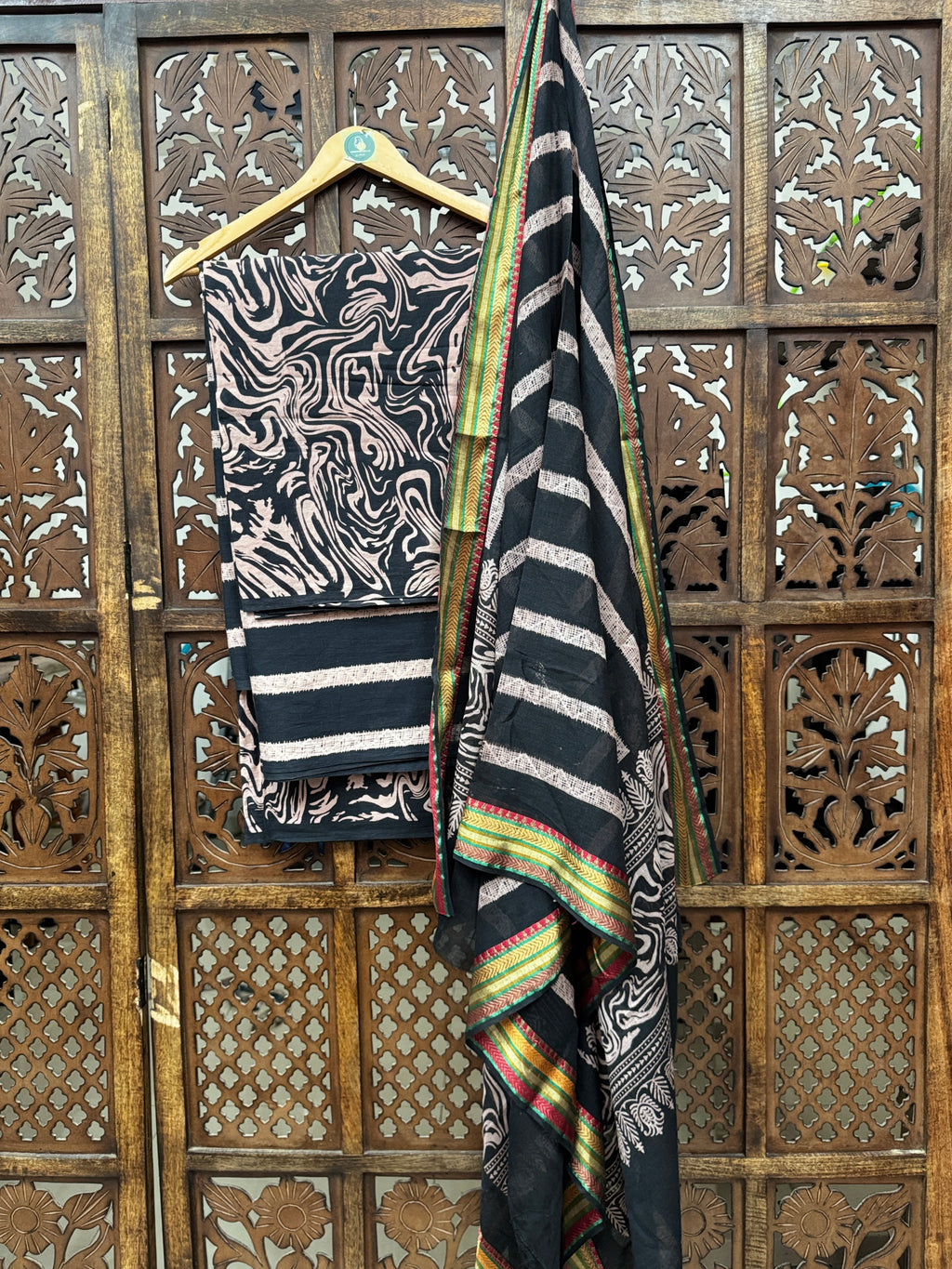 Charcoal & Blush Marble-Wave Hand-Block Ajrakh Cotton Unstitched 3-Piece Suit Set