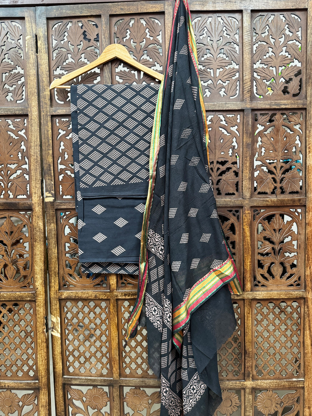 Classic Midnight Onyx Ajrakh Hand-Block Cotton Unstitched Suit Set (3-Piece)