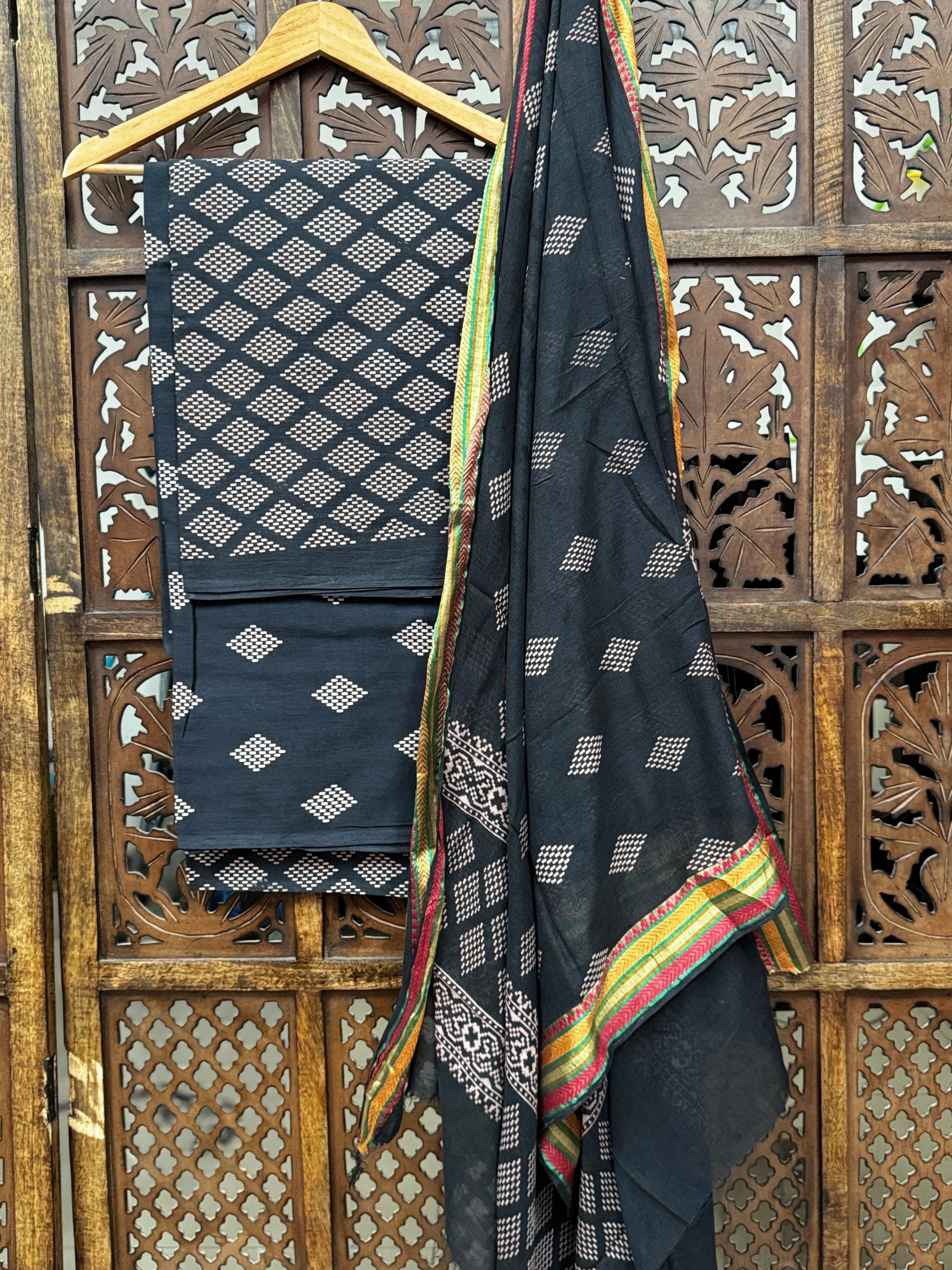 Classic Midnight Onyx Ajrakh Hand-Block Cotton Unstitched Suit Set (3-Piece)