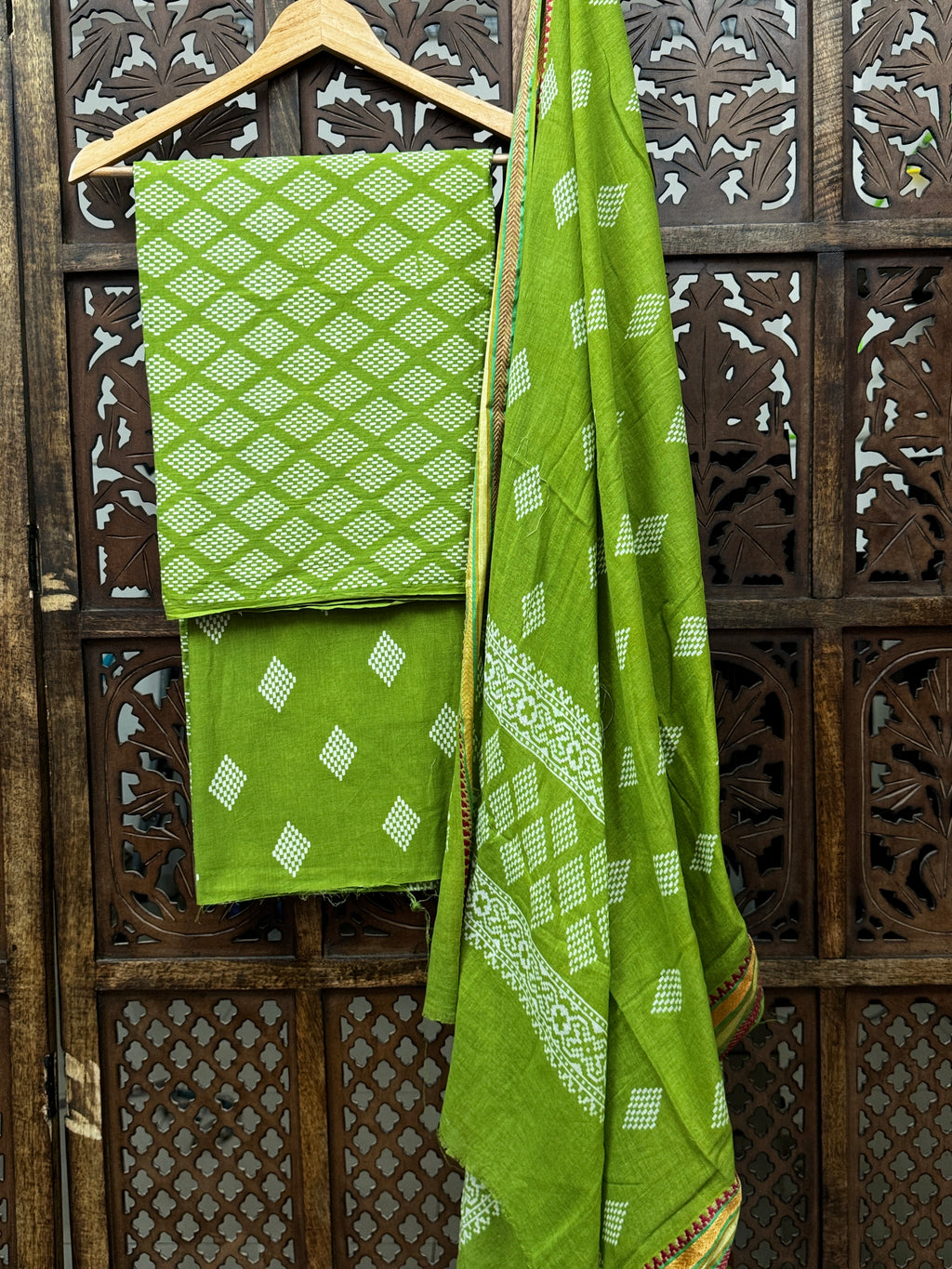 Vibrant Meadow Green Ajrakh Hand-Block Cotton Unstitched Suit Set - 3 Piece Exclusive