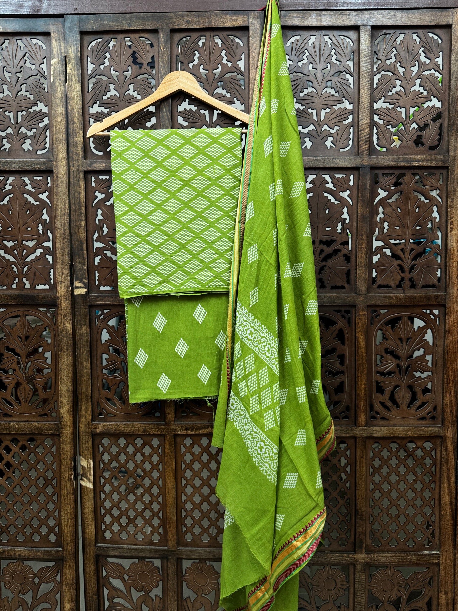Vibrant Meadow Green Ajrakh Hand-Block Cotton Unstitched Suit Set - 3 Piece Exclusive