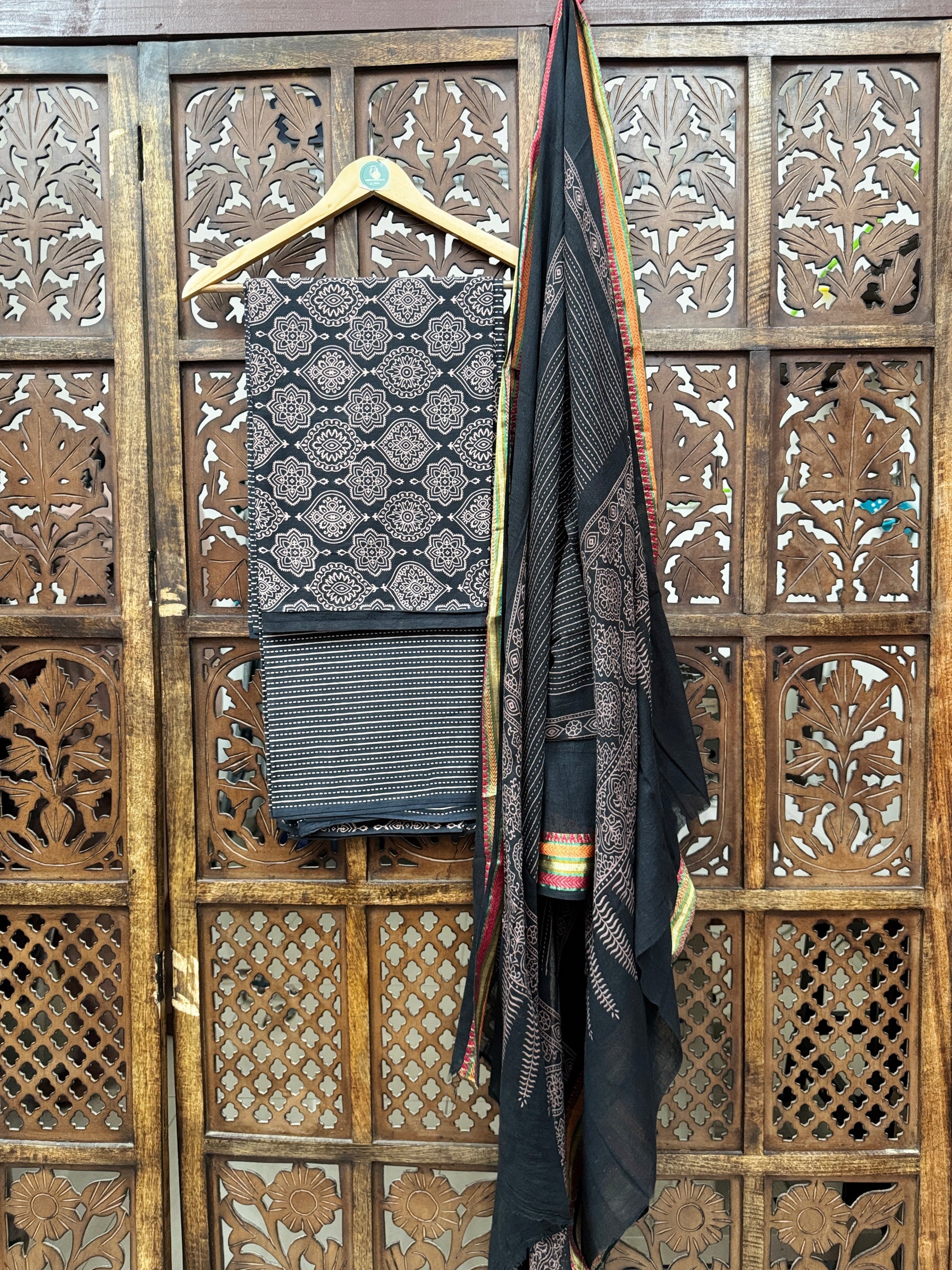 Ethereal Charcoal Ajrakh Hand-Block Cotton Unstitched Suit Set – Ornate Floral Edition