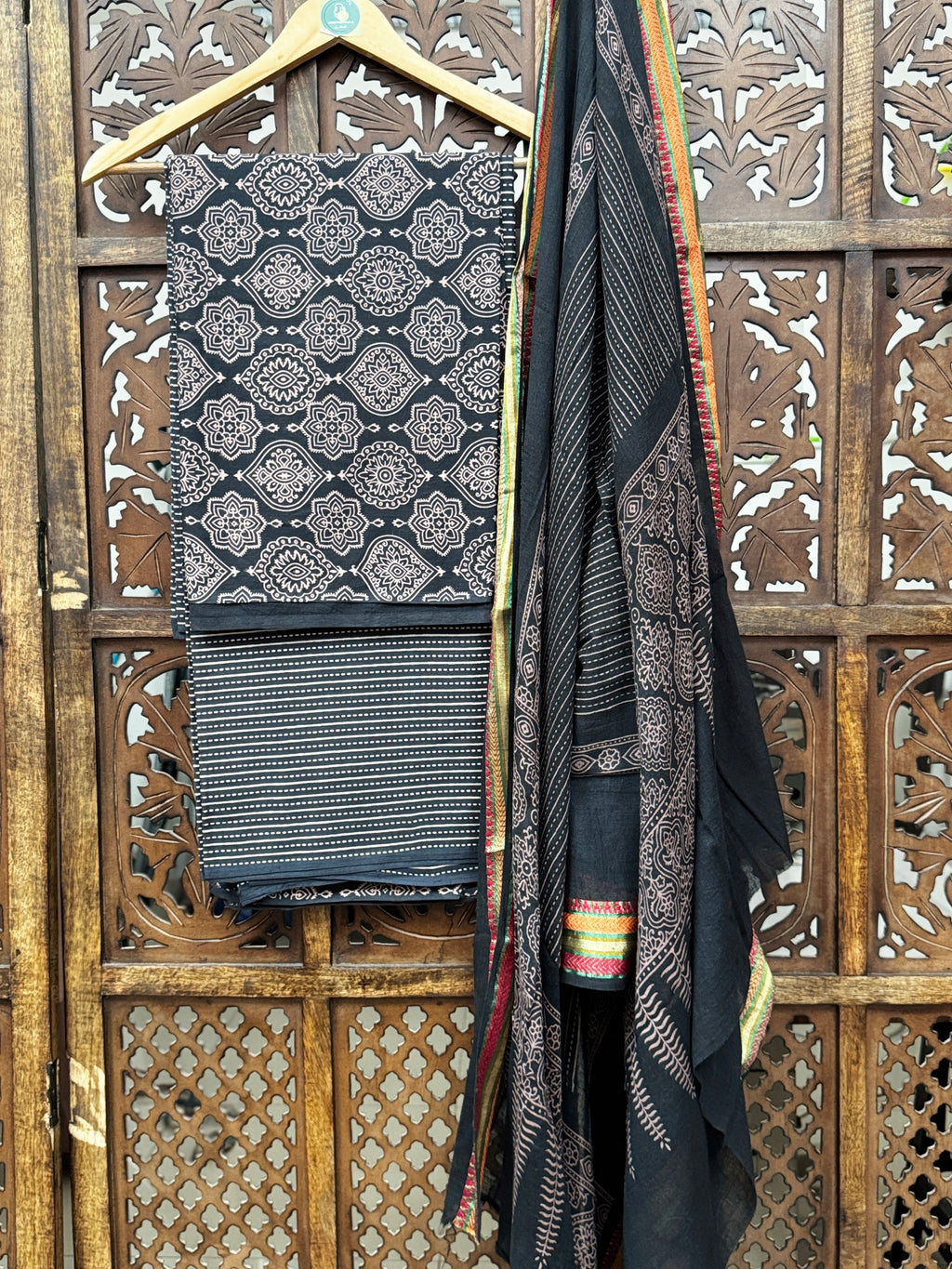 Ethereal Charcoal Ajrakh Hand-Block Cotton Unstitched Suit Set – Ornate Floral Edition