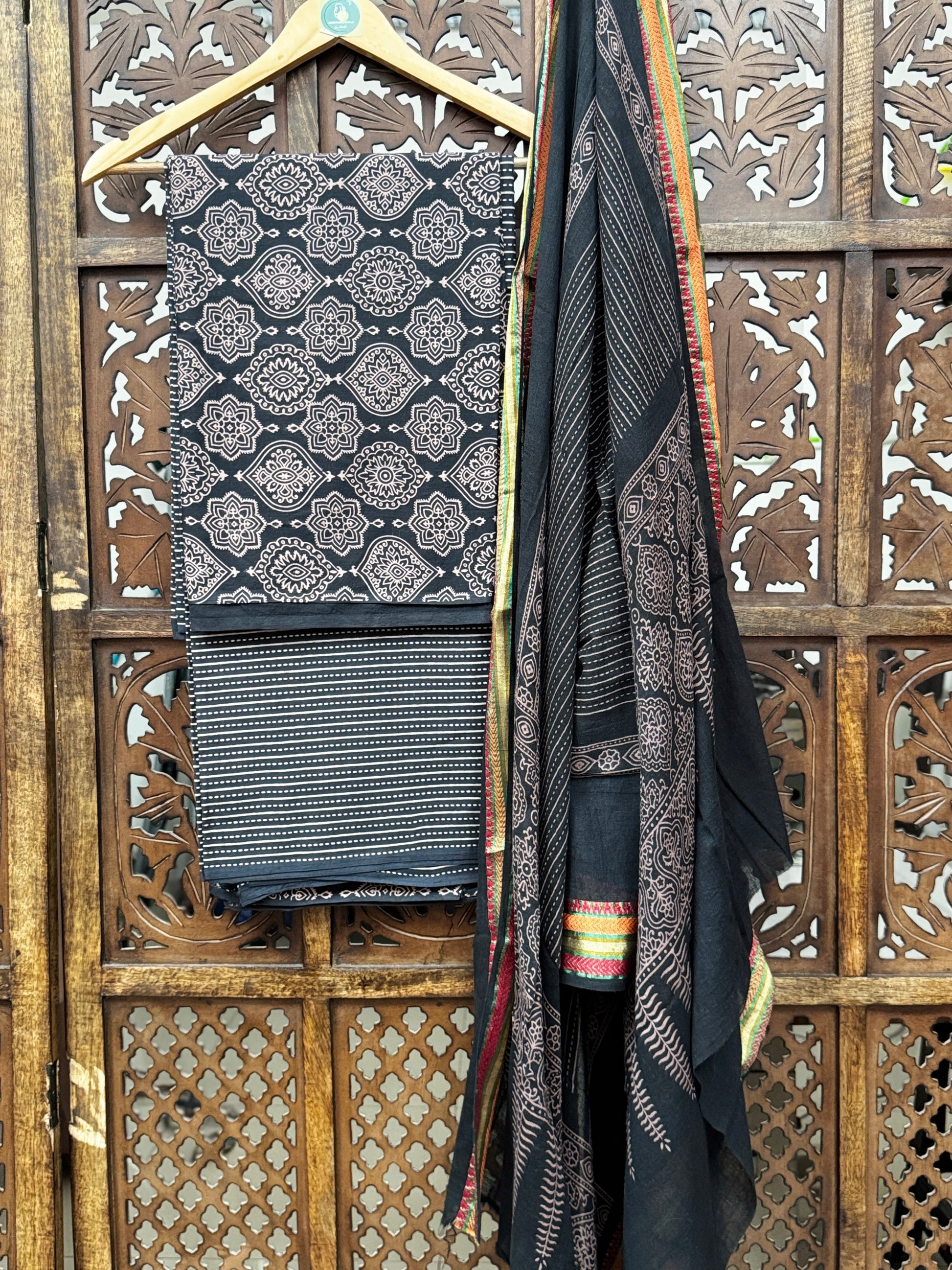 Ethereal Charcoal Ajrakh Hand-Block Cotton Unstitched Suit Set – Ornate Floral Edition