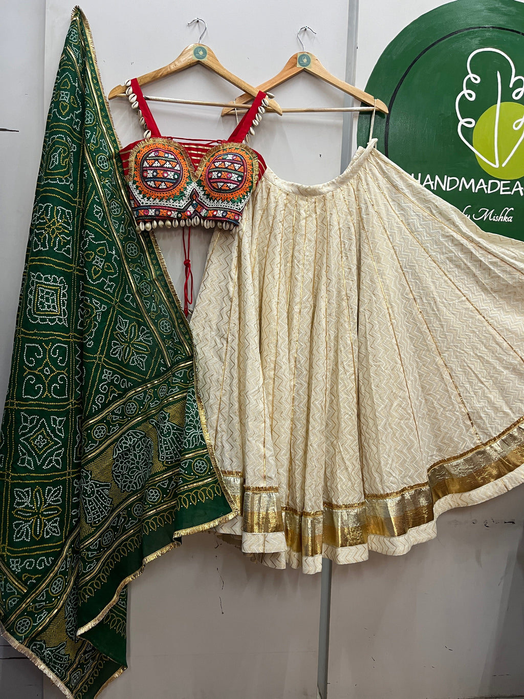 OFF WHITE AND RED, GREEN BANDHANI CHANIYA CHOLI HANDMADEAHOLIC BY MISHKA