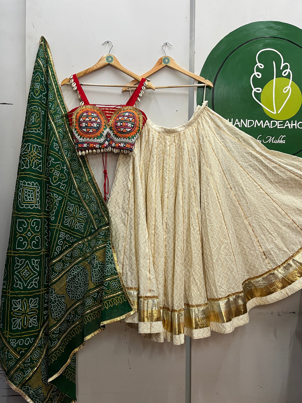 OFF WHITE AND RED, GREEN BANDHANI CHANIYA CHOLI HANDMADEAHOLIC BY MISHKA