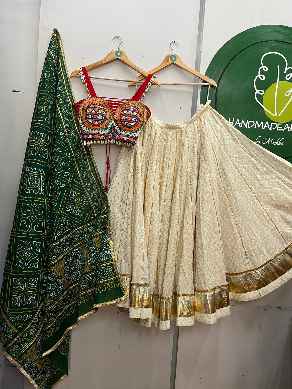 OFF WHITE AND RED, GREEN BANDHANI CHANIYA CHOLI HANDMADEAHOLIC BY MISHKA