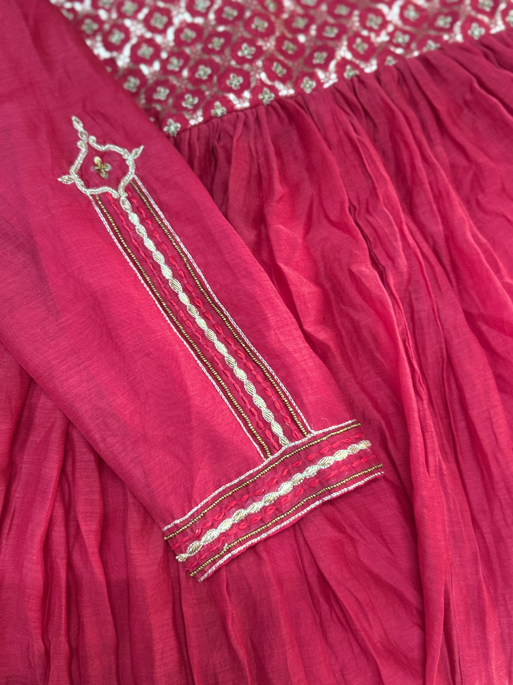 Crimson Heritage Chanderi Silk Anarkali Set – Hand-Embroidered Yoke & Tapered Trousers HANDMADEAHOLIC BY MISHKA