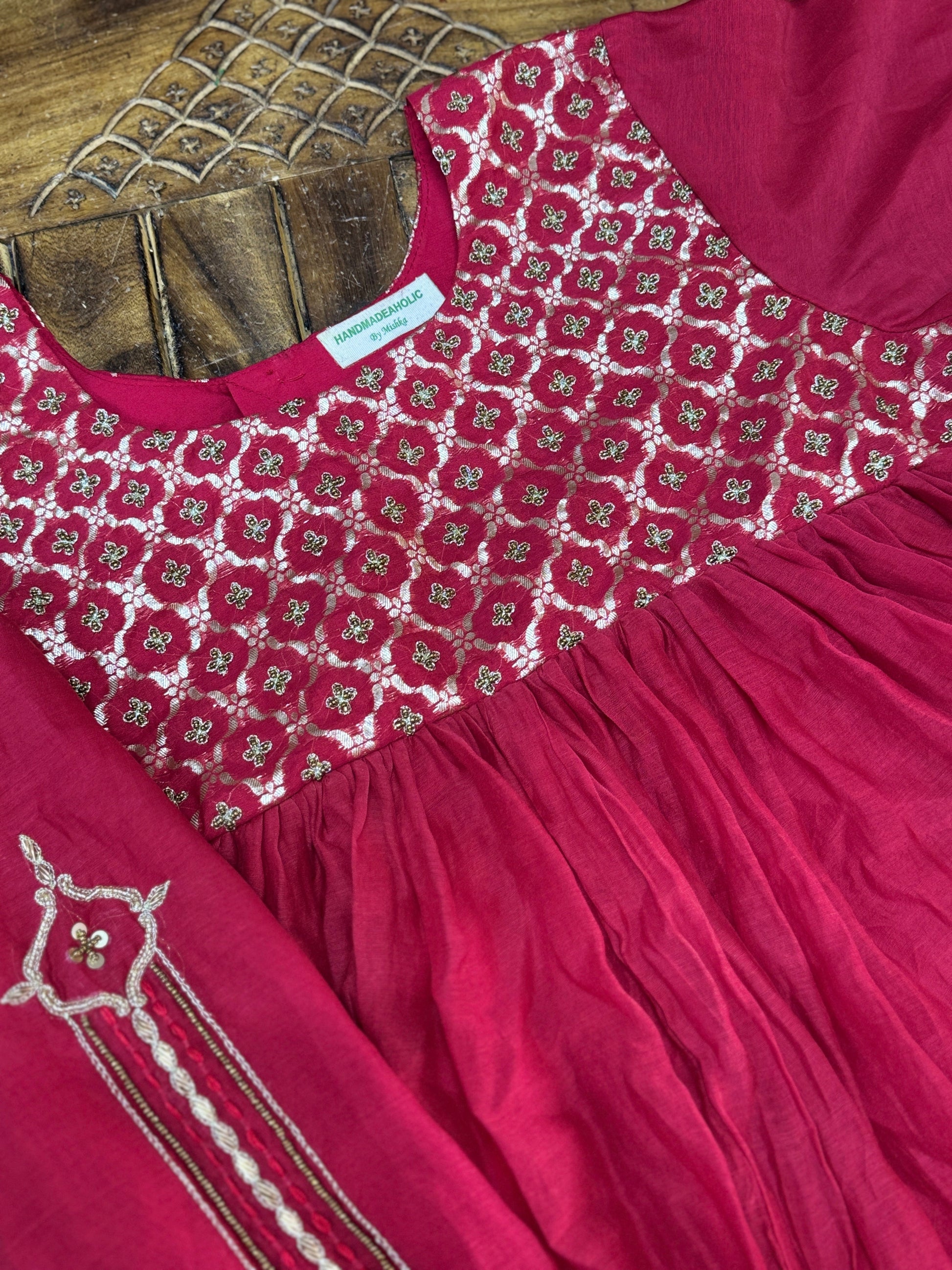 Crimson Heritage Chanderi Silk Anarkali Set – Hand-Embroidered Yoke & Tapered Trousers HANDMADEAHOLIC BY MISHKA
