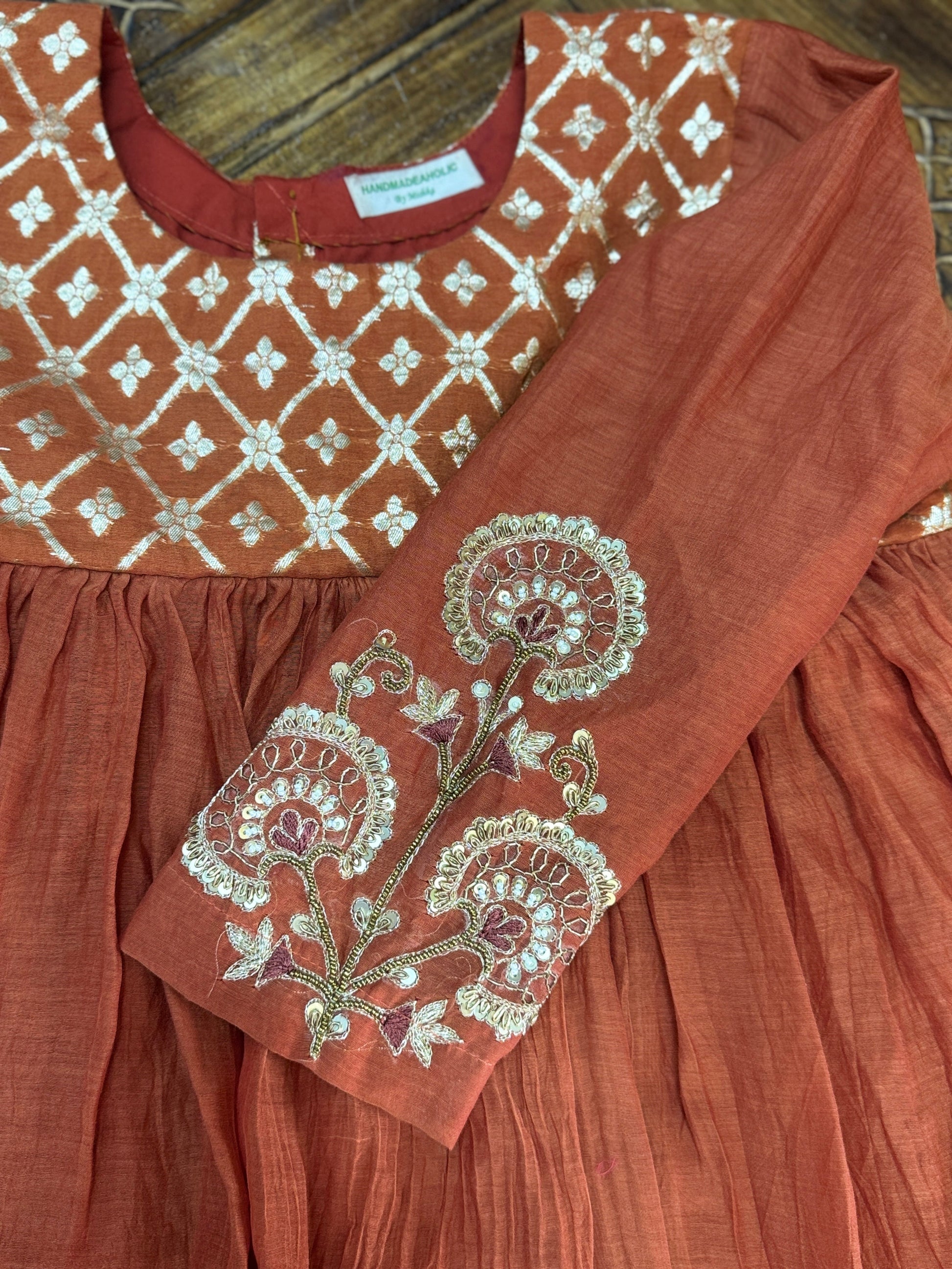 Rust Terracotta Chanderi Silk Anarkali Set – Hand-Embroidered Festive Kurta & Straight Pants HANDMADEAHOLIC BY MISHKA