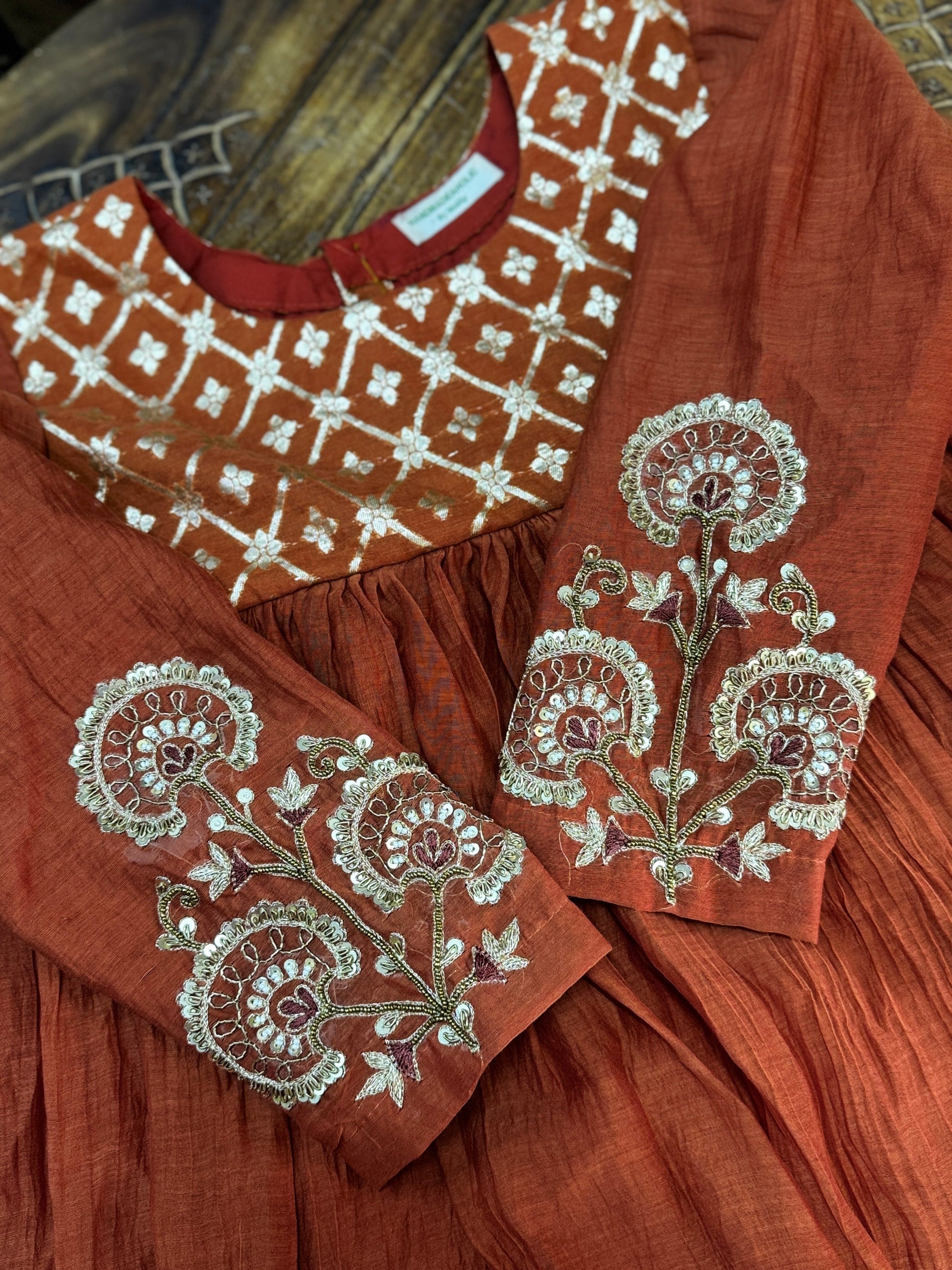 Rust Terracotta Chanderi Silk Anarkali Set – Hand-Embroidered Festive Kurta & Straight Pants HANDMADEAHOLIC BY MISHKA