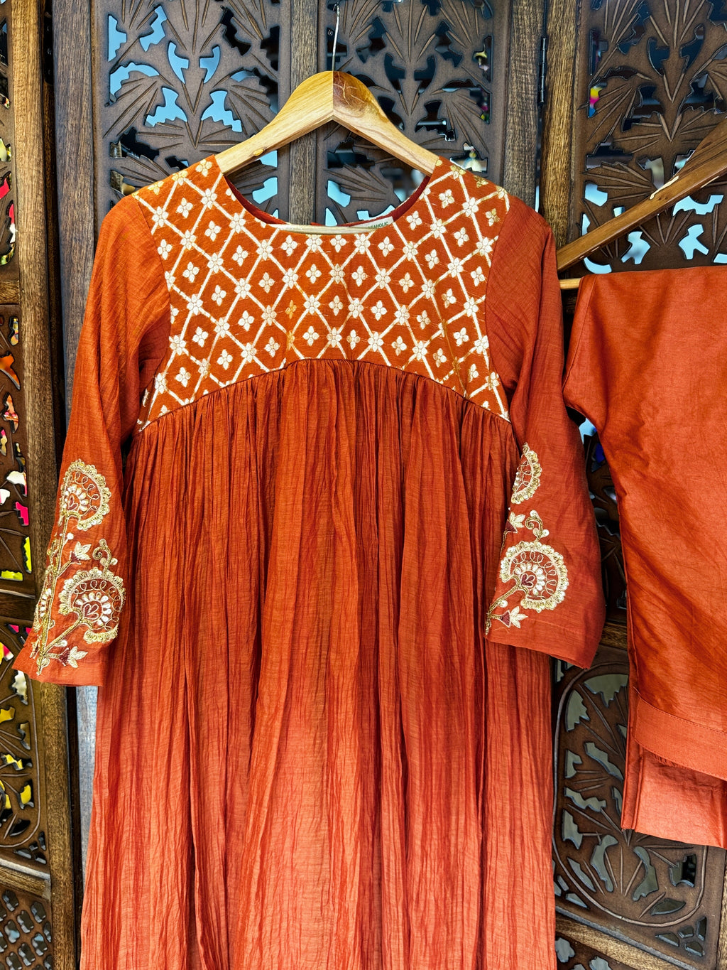 Rust Terracotta Chanderi Silk Anarkali Set – Hand-Embroidered Festive Kurta & Straight Pants HANDMADEAHOLIC BY MISHKA