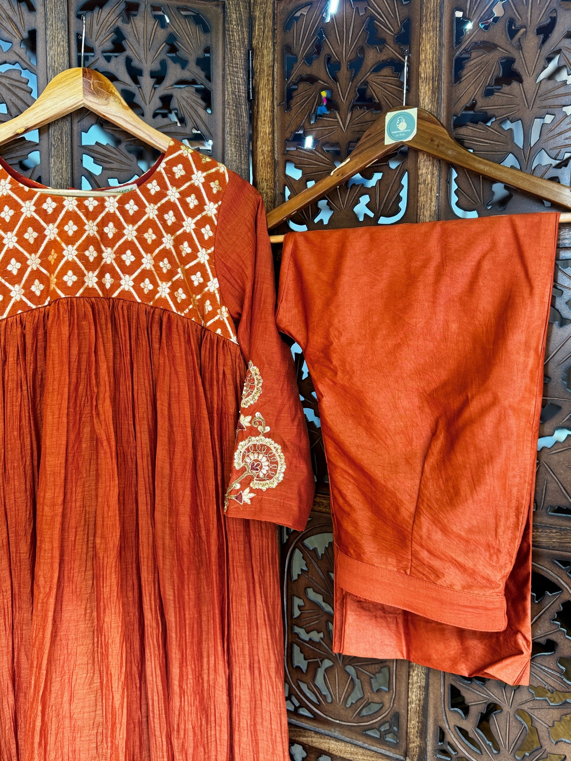 Rust Terracotta Chanderi Silk Anarkali Set – Hand-Embroidered Festive Kurta & Straight Pants HANDMADEAHOLIC BY MISHKA