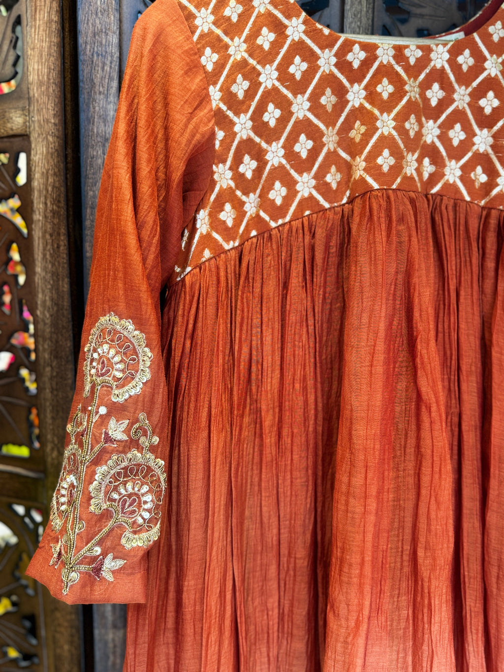 Rust Terracotta Chanderi Silk Anarkali Set – Hand-Embroidered Festive Kurta & Straight Pants HANDMADEAHOLIC BY MISHKA