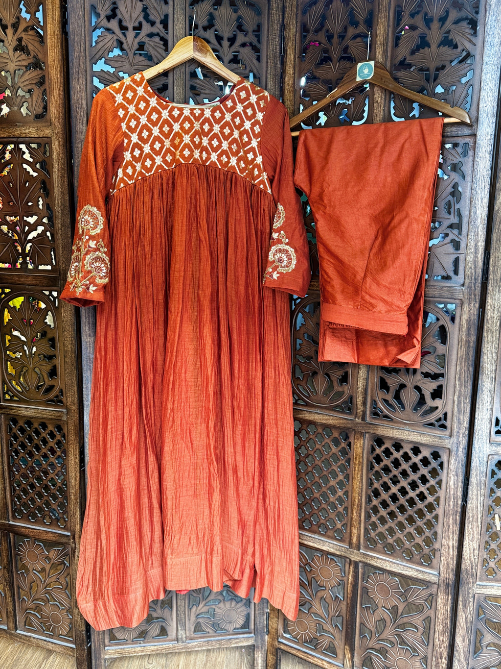 Rust Terracotta Chanderi Silk Anarkali Set – Hand-Embroidered Festive Kurta & Straight Pants HANDMADEAHOLIC BY MISHKA