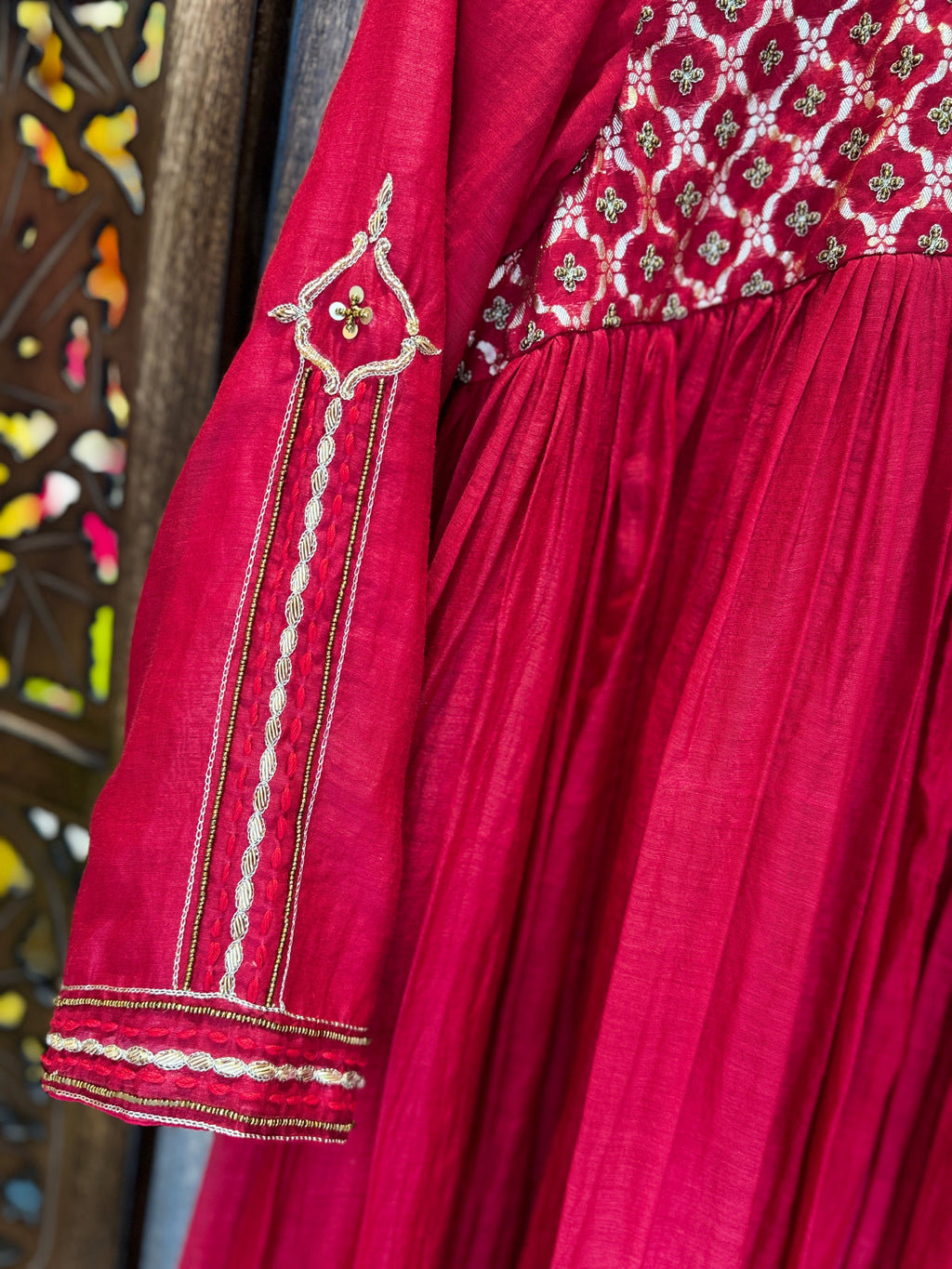 Crimson Heritage Chanderi Silk Anarkali Set – Hand-Embroidered Yoke & Tapered Trousers HANDMADEAHOLIC BY MISHKA