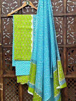 HANDBLOCK COTTON UNSTITCHED SUIT WITH COTTON DUPATTA