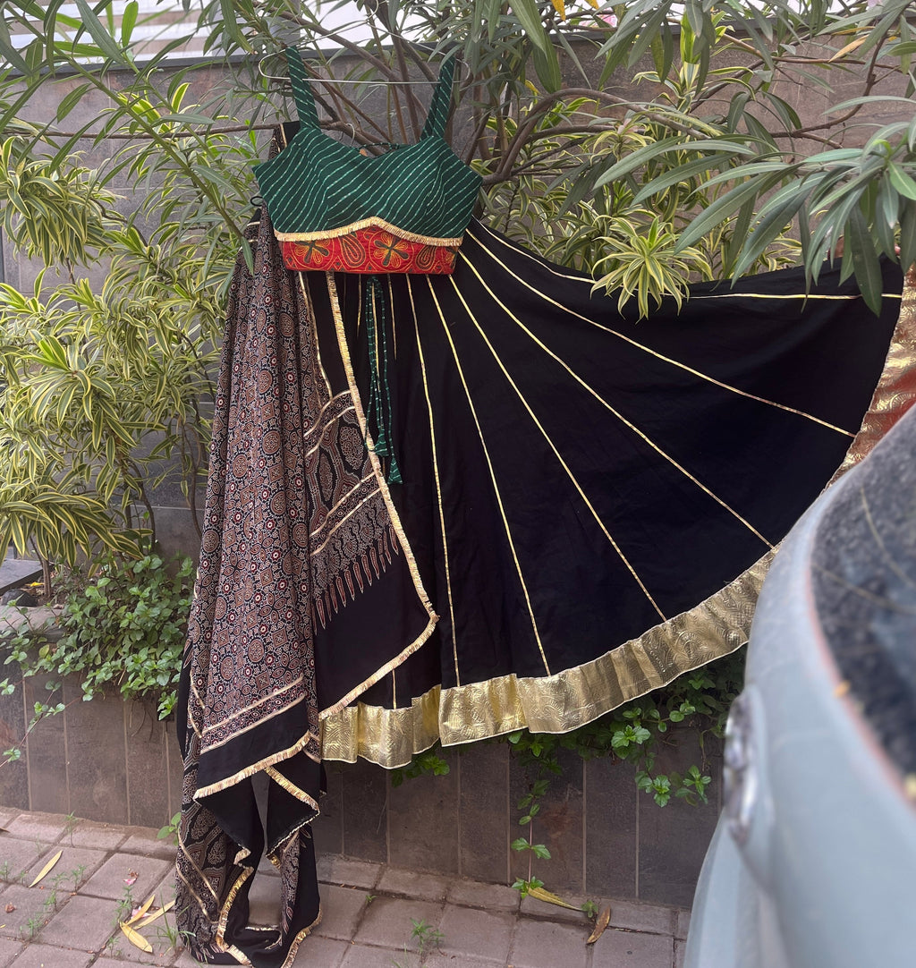 GREEN & BLACK KALI CHANIYA CHOLI WITH AJRAKH DUPATTA HANDMADEAHOLIC BY MISHKA