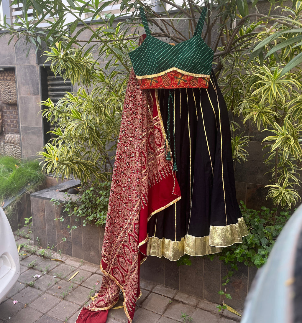 GREEN & BLACK KALI CHANIYA CHOLI WITH AJRAKH DUPATTA HANDMADEAHOLIC BY MISHKA