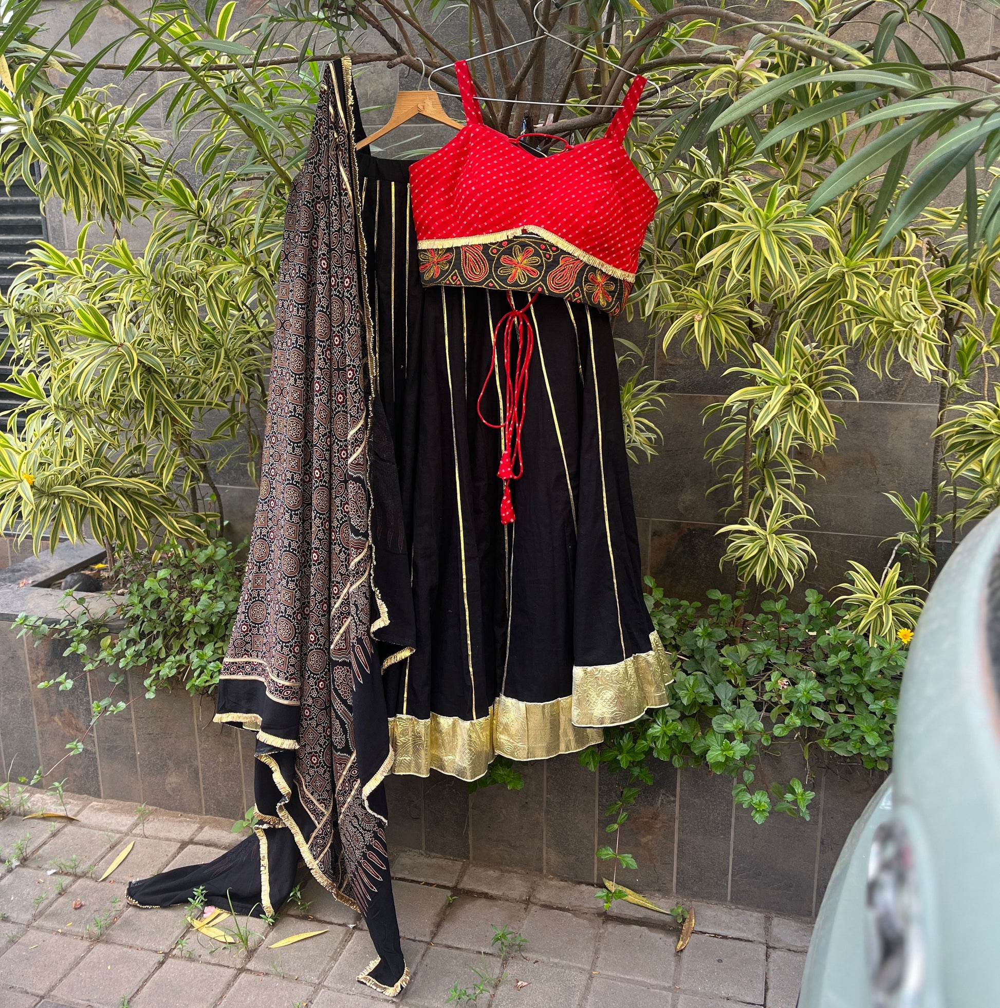RED & BLACK KALI CHANIYA CHOLI WITH AJRAKH DUPATTA HANDMADEAHOLIC BY MISHKA
