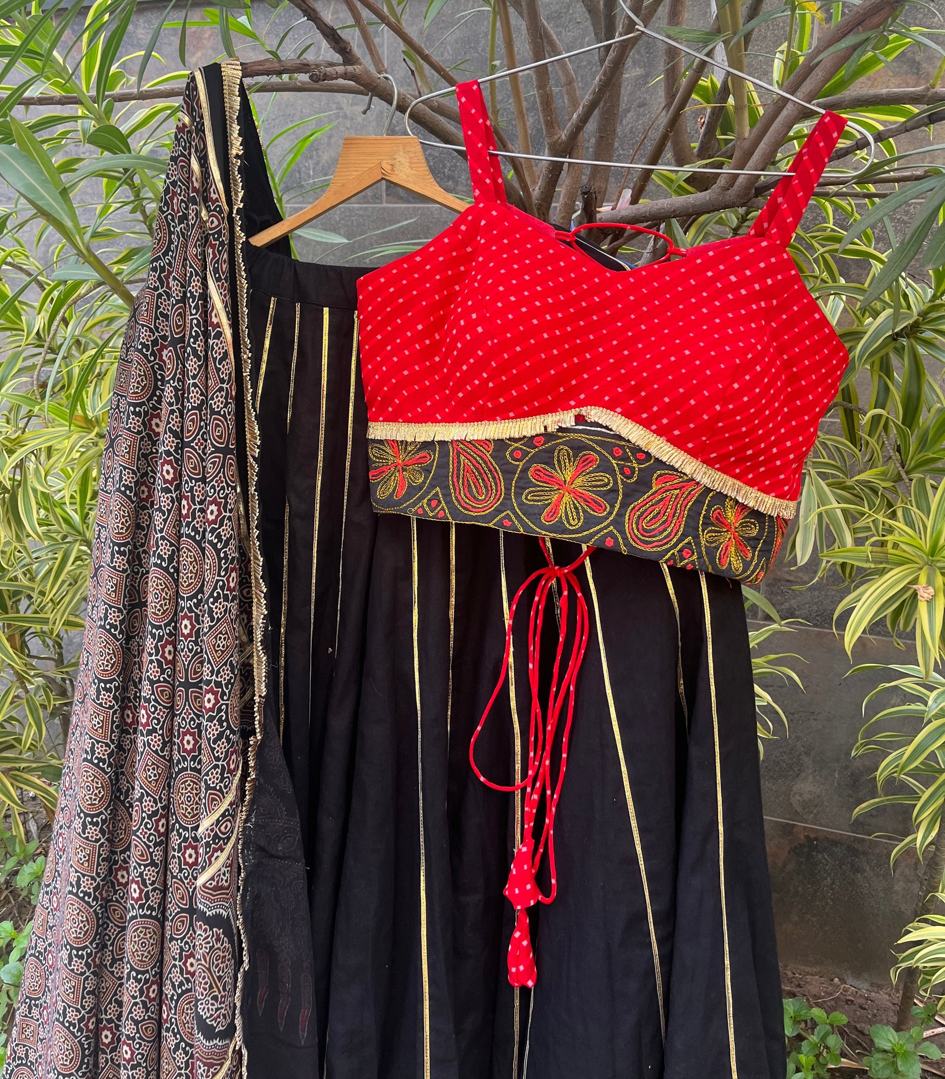RED & BLACK KALI CHANIYA CHOLI WITH AJRAKH DUPATTA HANDMADEAHOLIC BY MISHKA