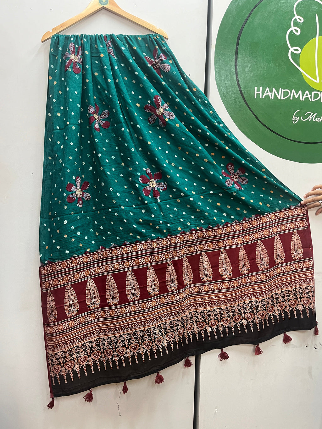 PEACOCK BLUE AND MAROON AJRAKH DUPATTA HANDMADEAHOLIC BY MISHKA
