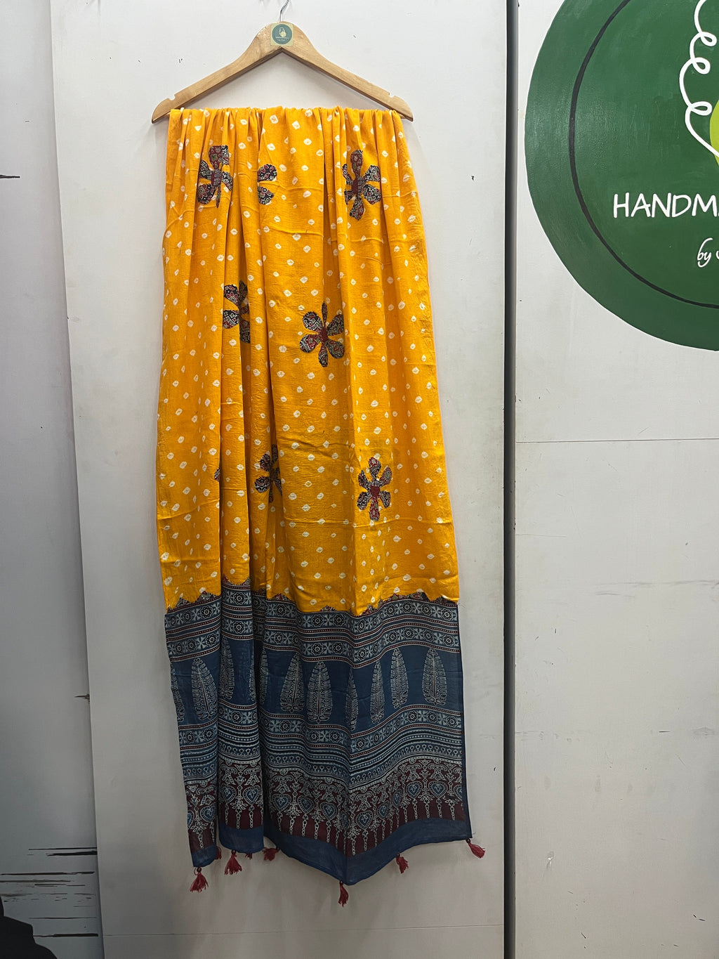 YELLOW AND BLUE AJRAKH DUPATTA HANDMADEAHOLIC BY MISHKA