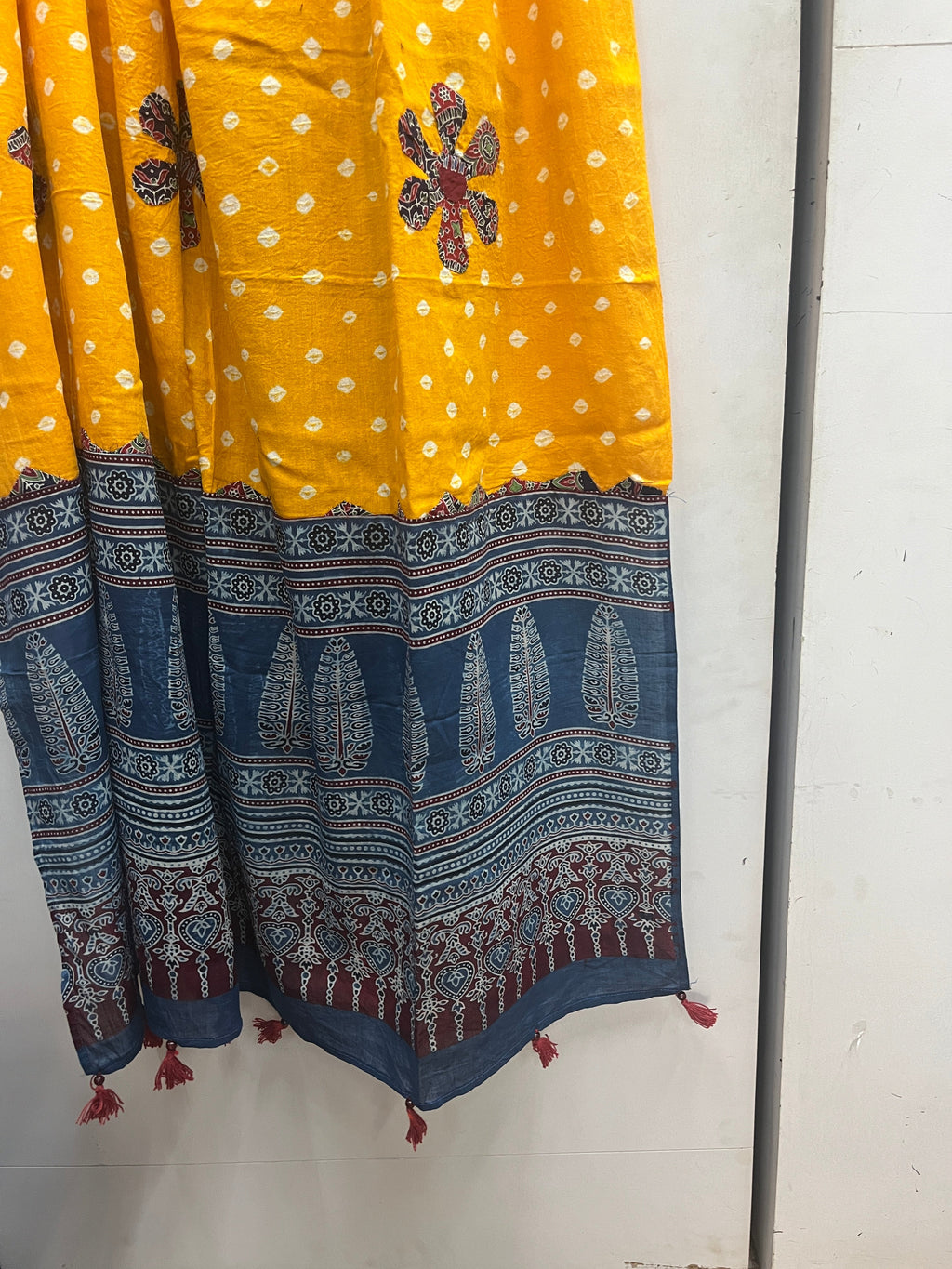 YELLOW AND BLUE AJRAKH DUPATTA HANDMADEAHOLIC BY MISHKA