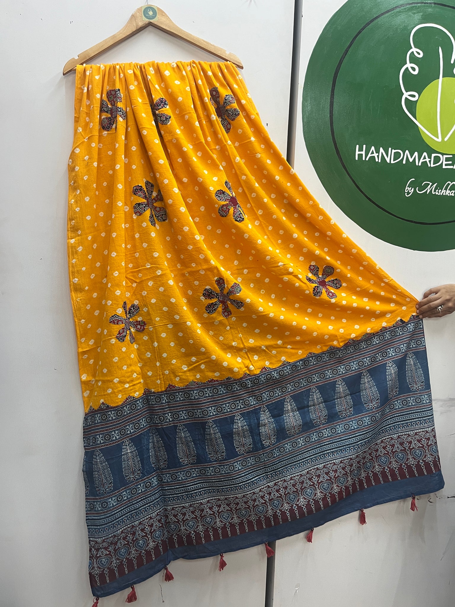 YELLOW AND BLUE AJRAKH DUPATTA HANDMADEAHOLIC BY MISHKA