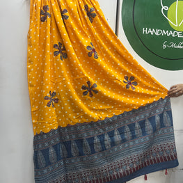 YELLOW AND BLUE AJRAKH DUPATTA HANDMADEAHOLIC BY MISHKA