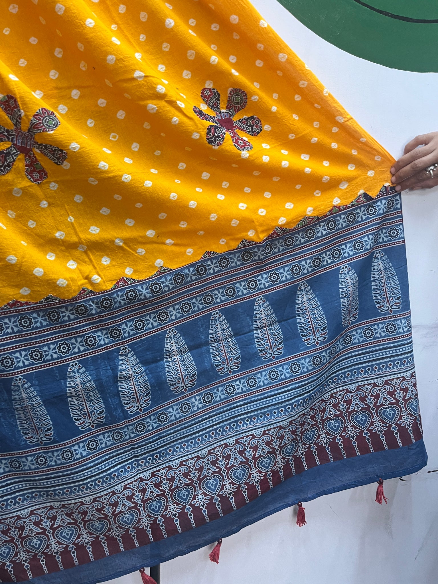 YELLOW AND BLUE AJRAKH DUPATTA HANDMADEAHOLIC BY MISHKA