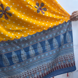 YELLOW AND BLUE AJRAKH DUPATTA HANDMADEAHOLIC BY MISHKA