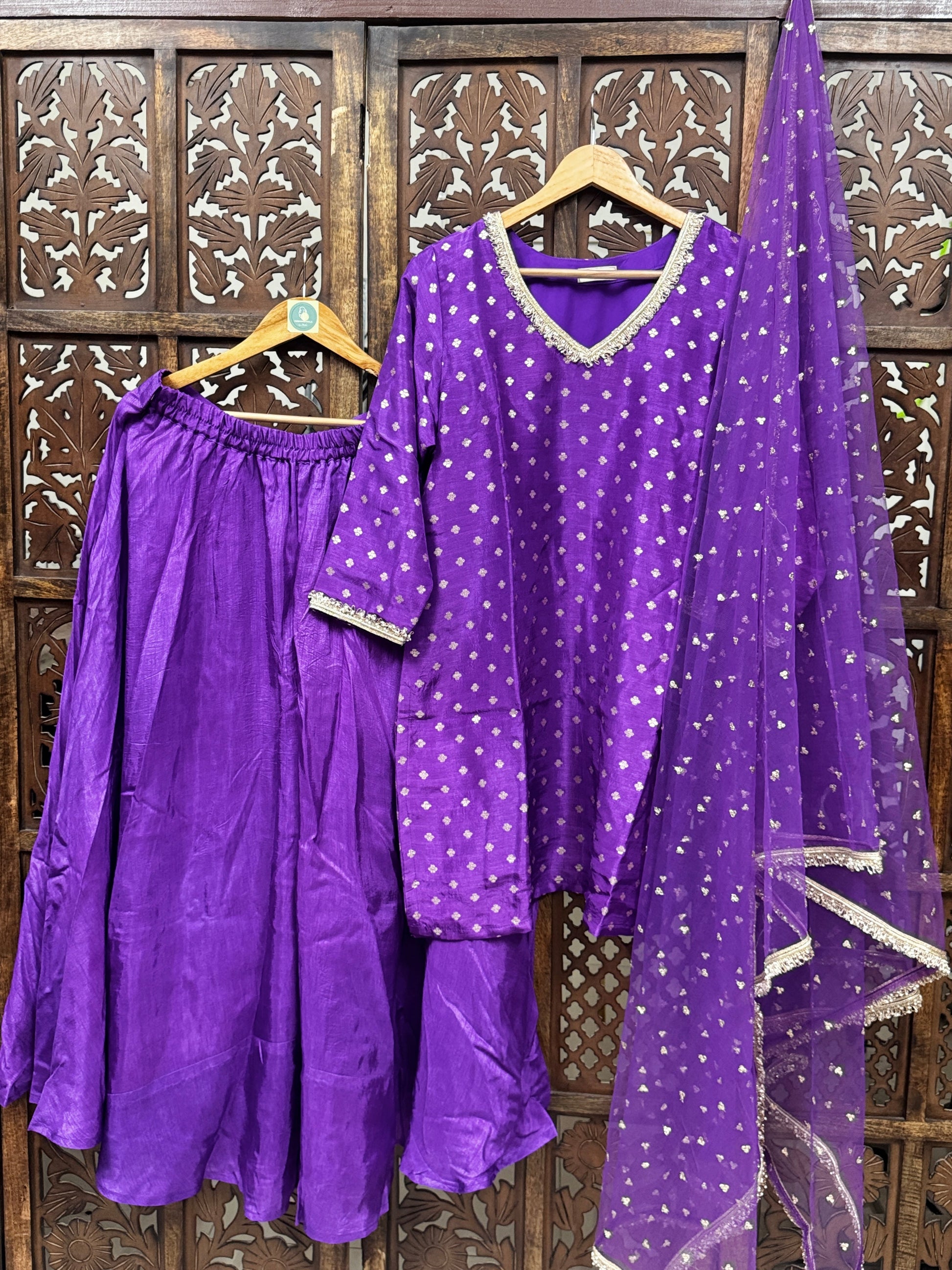 Regal Violet Dola Silk Suit Set with High-Flare Umbrella Palazzo & Embroidered Net Dupatta HANDMADEAHOLIC BY MISHKA