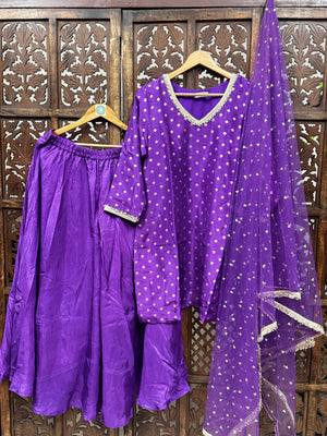 Regal Violet Dola Silk Suit Set with High-Flare Umbrella Palazzo & Embroidered Net Dupatta HANDMADEAHOLIC BY MISHKA