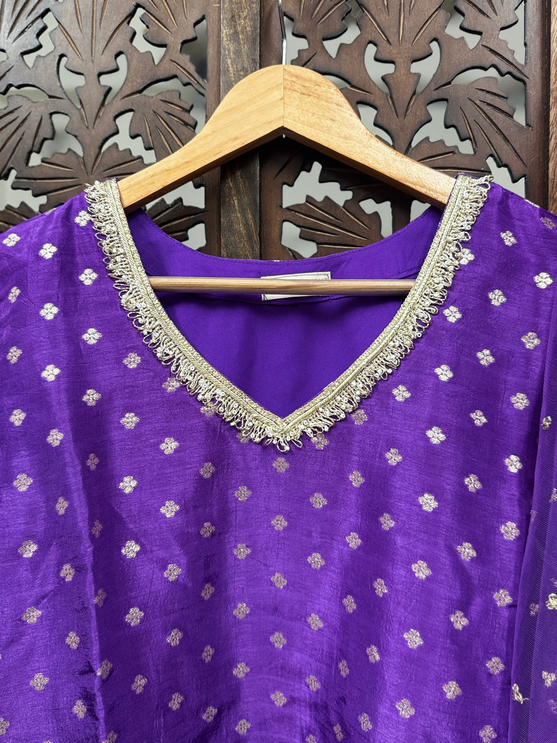 Regal Violet Dola Silk Suit Set with High-Flare Umbrella Palazzo & Embroidered Net Dupatta HANDMADEAHOLIC BY MISHKA