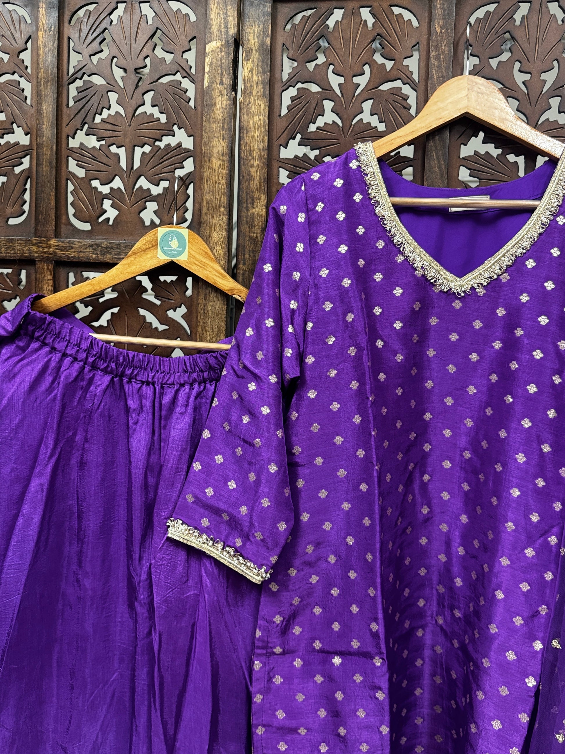 Regal Violet Dola Silk Suit Set with High-Flare Umbrella Palazzo & Embroidered Net Dupatta HANDMADEAHOLIC BY MISHKA