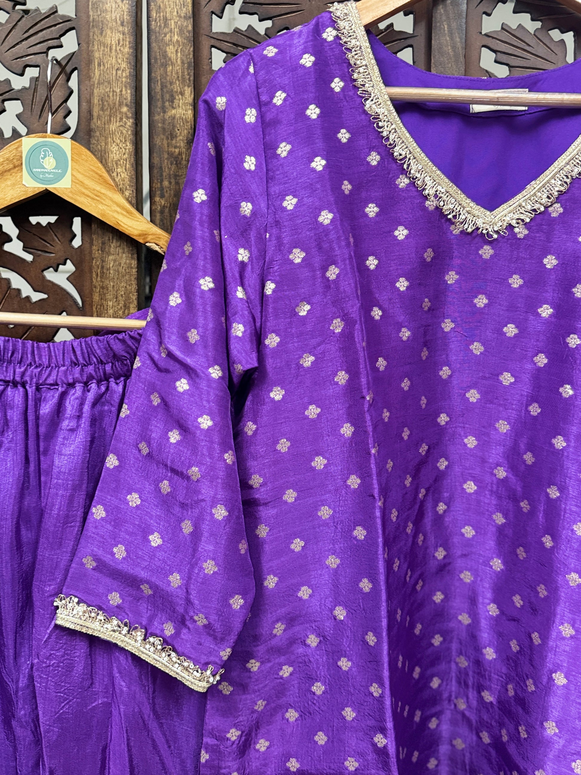 Regal Violet Dola Silk Suit Set with High-Flare Umbrella Palazzo & Embroidered Net Dupatta HANDMADEAHOLIC BY MISHKA